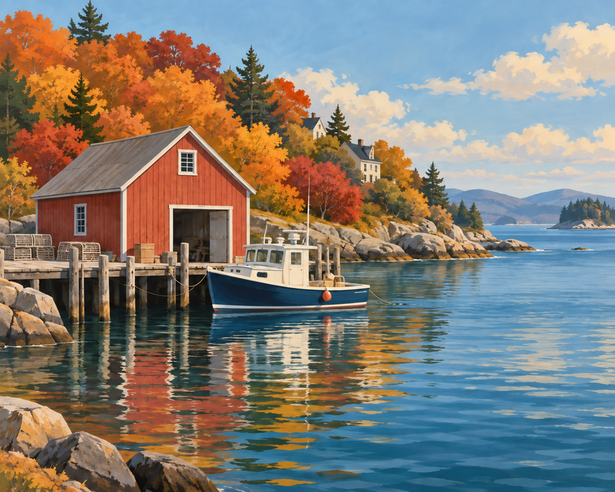 Autumn Harbor artwork preview: a fishing boat, red boathouse and copper foliage.