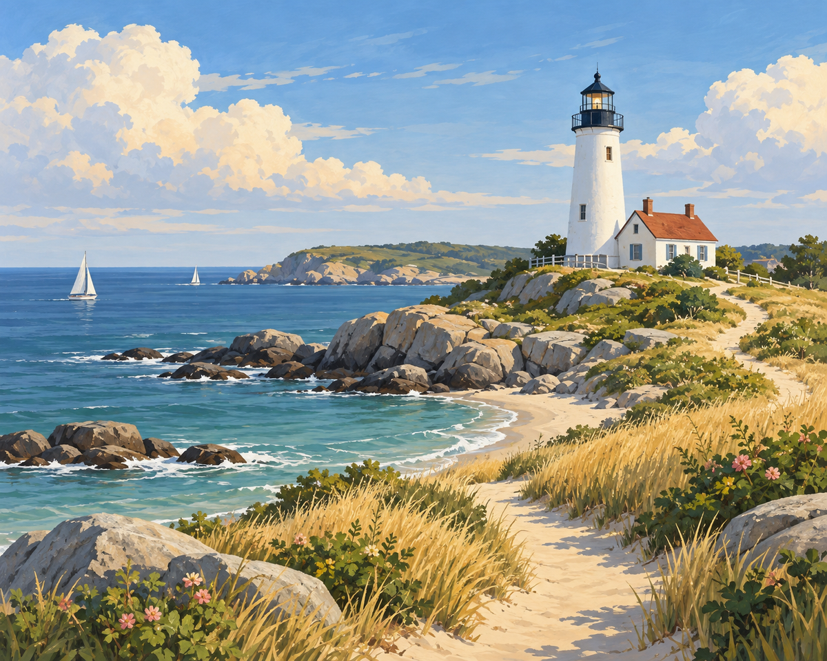 Harbor Beacon artwork preview: a white lighthouse above a blue coastal inlet.