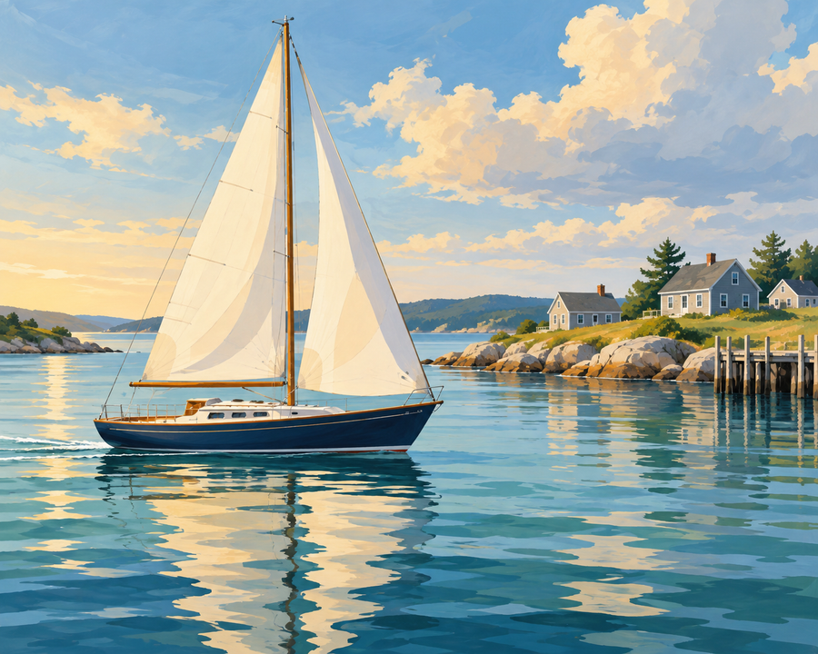 Morning Sail artwork preview: ivory sails and a navy hull on quiet water.