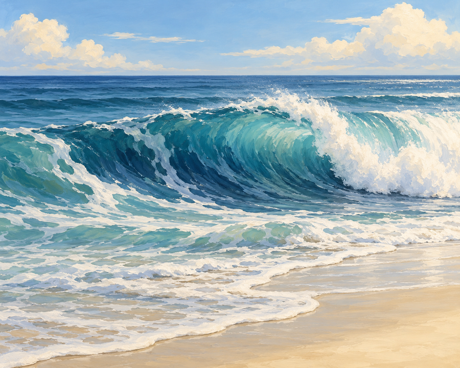Coastal artwork preview of a curling blue wave and ivory foam meeting pale sand.