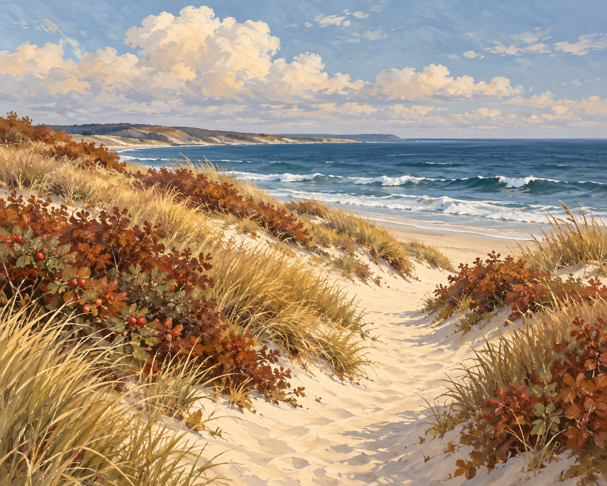 Autumn coastal artwork preview of a sandy dune path bordered by russet shrubs and golden grass, leading to the sea.