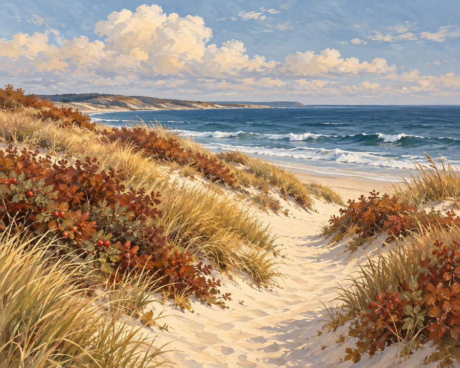 Autumn coastal artwork preview of a sandy dune path bordered by russet shrubs and golden grass, leading to the sea.