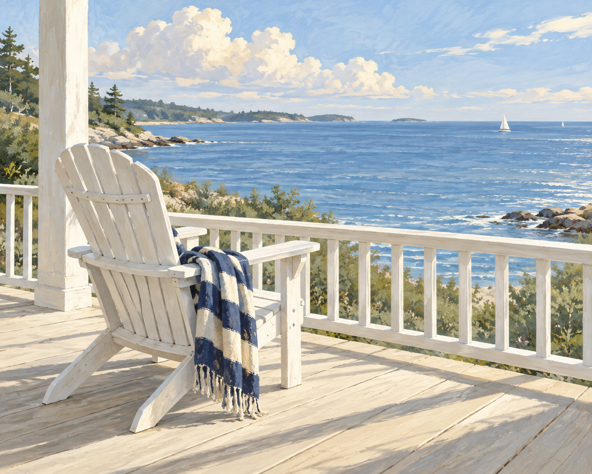 Coastal artwork preview of a white chair with a navy-striped throw on a porch overlooking the sea.