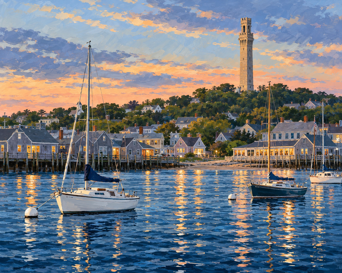 Painted artwork interpretation of Provincetown Harbor.