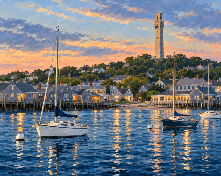 Painted artwork interpretation of Provincetown Harbor.