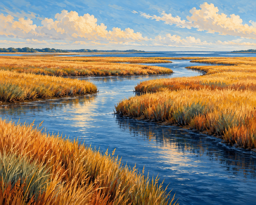 Autumn coastal artwork preview of a winding blue tidal creek through golden salt marsh grass.