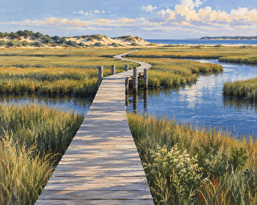 Painted artwork interpretation of Sandwich Boardwalk.