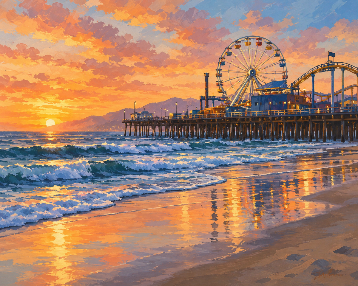 Painted artwork interpretation of Santa Monica Sunset.