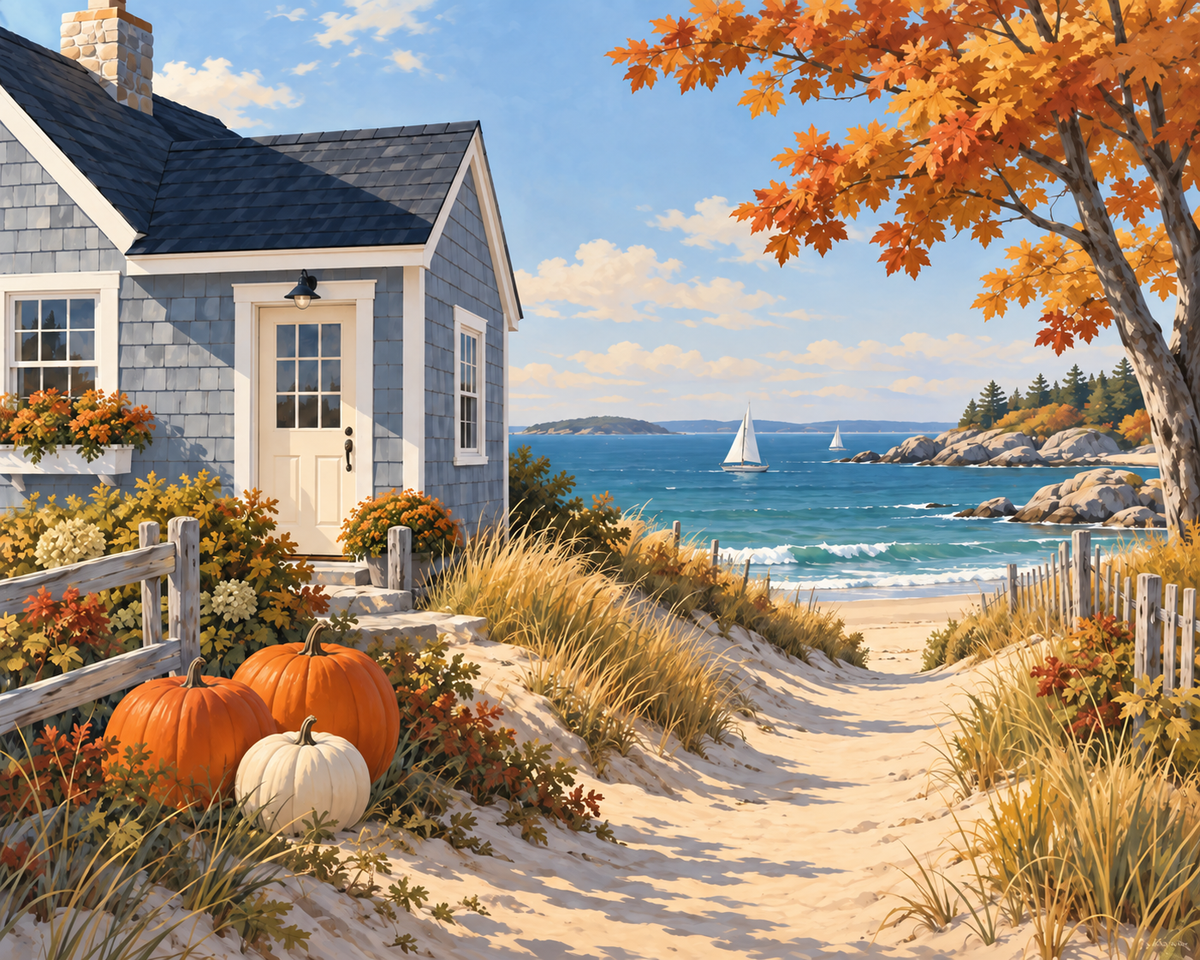 Seaside Harvest artwork preview: a coastal cottage, pumpkins and an ocean path.